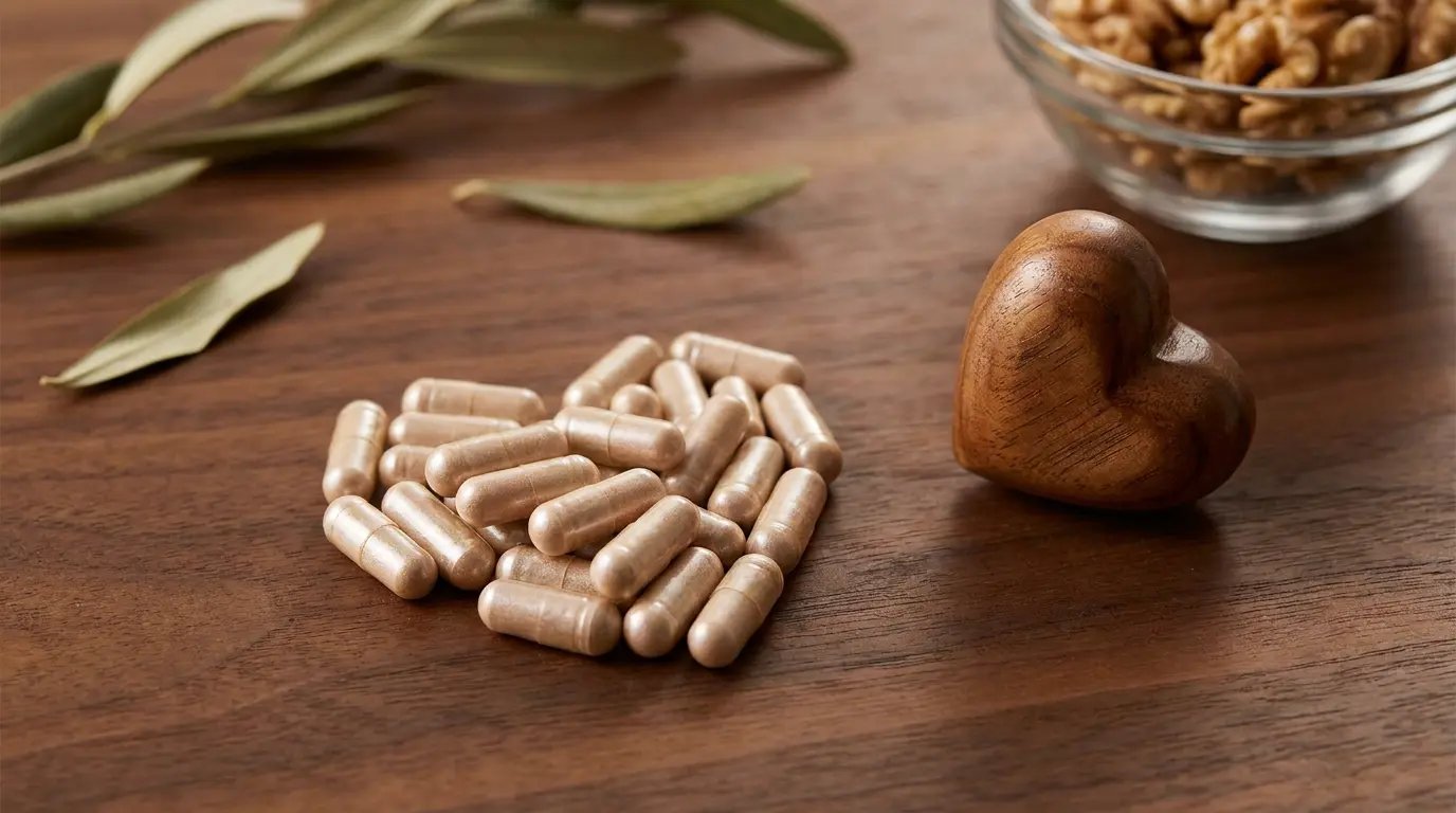 Supplement capsules on a wooden table beside a carved wooden heart, a bowl of walnuts, and olive leaves
